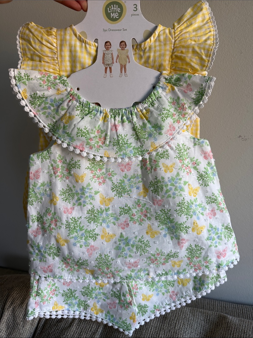 NWT Little Me 3-pc Dresswear Set Yellow Gingham & Floral Butterfly Size 12M